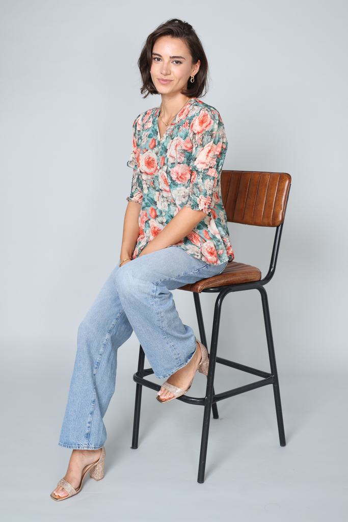 Floral Buttoned Top with Smocked Hand Detail Top 
