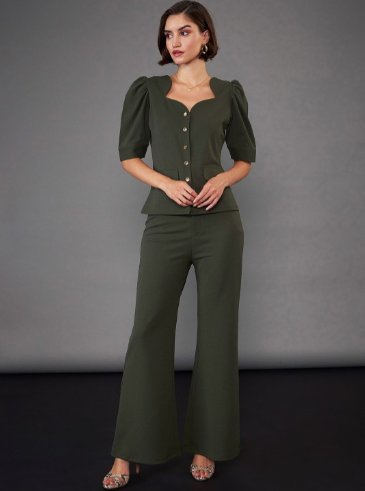 Olive Green Puff Sleeves Top & Trousers Co-Ords