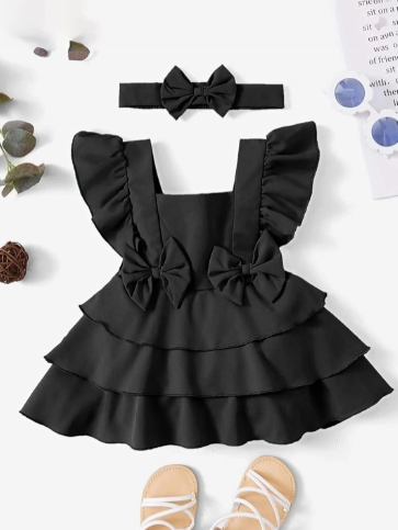 LYTIX Infant Girls Bow Front Square Neck Crepe Flutter Sleeves Ruffle Flare Dress