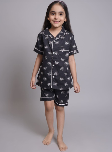 Biglilpeople Girls Floral Printed Pure Cotton Lapel Collar Night suit