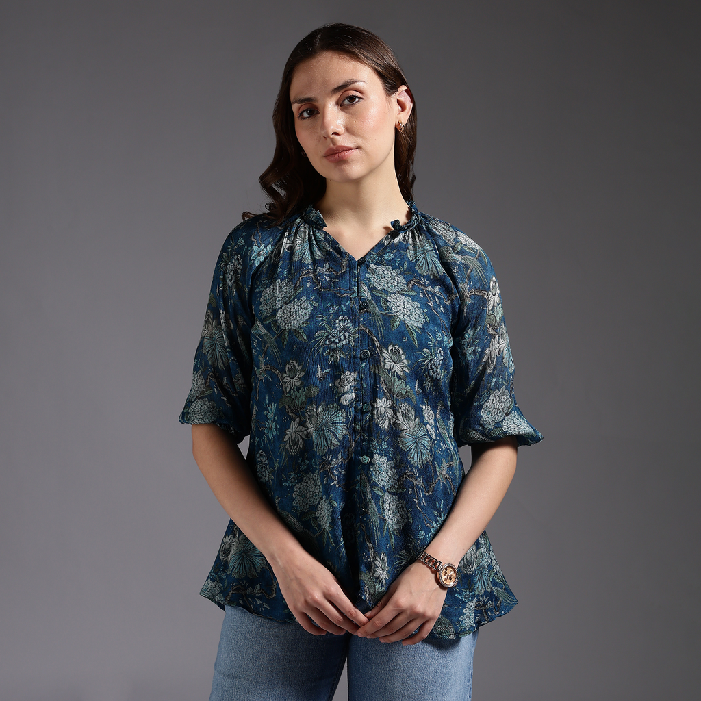 Blue Printed Top with Frill Collar 