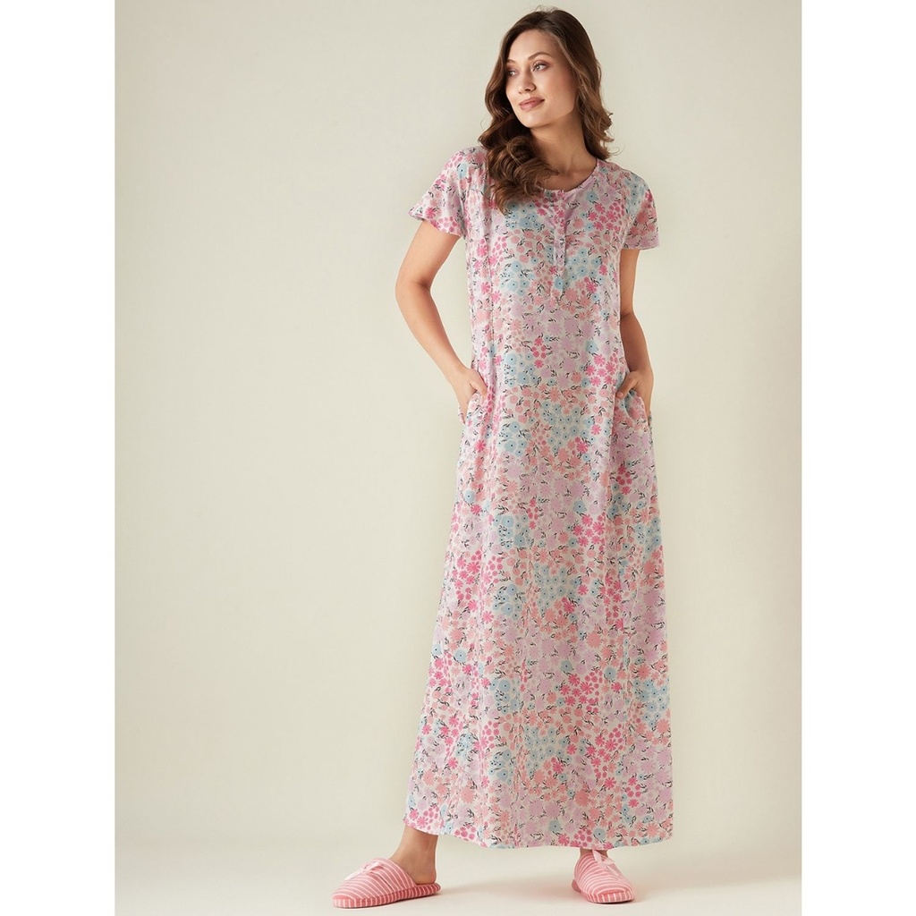 The Kaftan Company White Floral Printed Night Gown