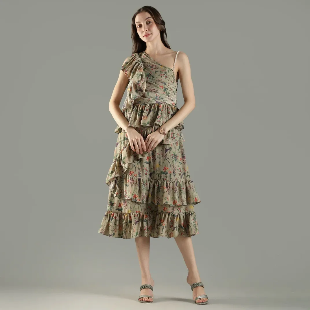 Olive Floral One-Shoulder Ruffle Tiered Midi Dress 