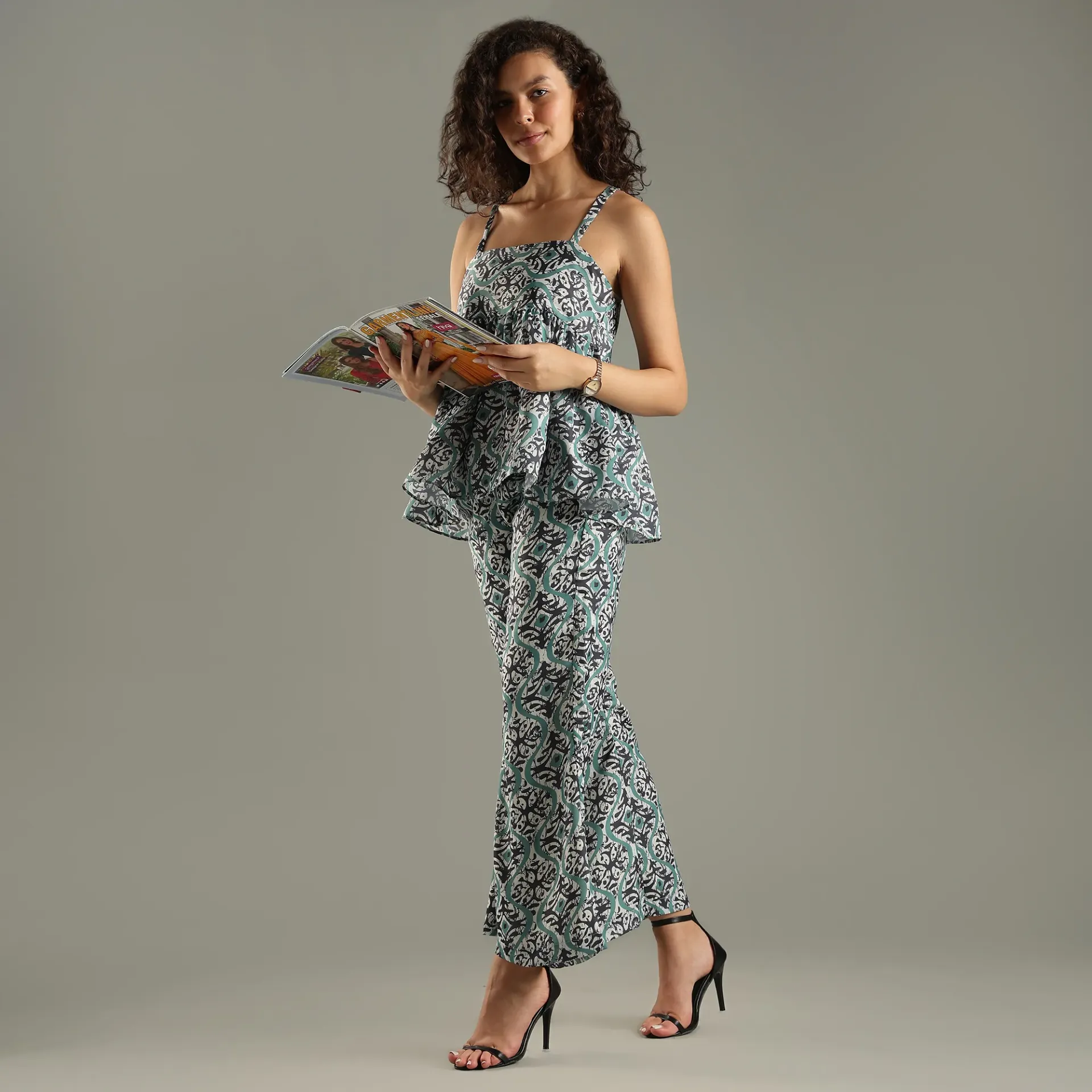 Teal Geometric Print Peplum Top & Wide-Leg Pants Co-Ord Set