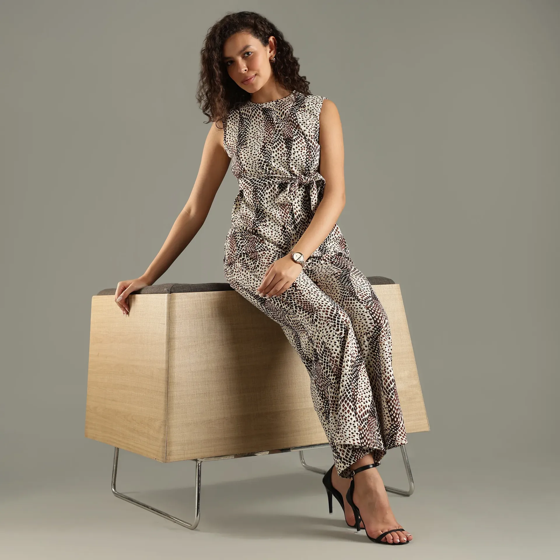 Animal Print Sleeveless Wide-Leg Co-ord Set with Waist Tie