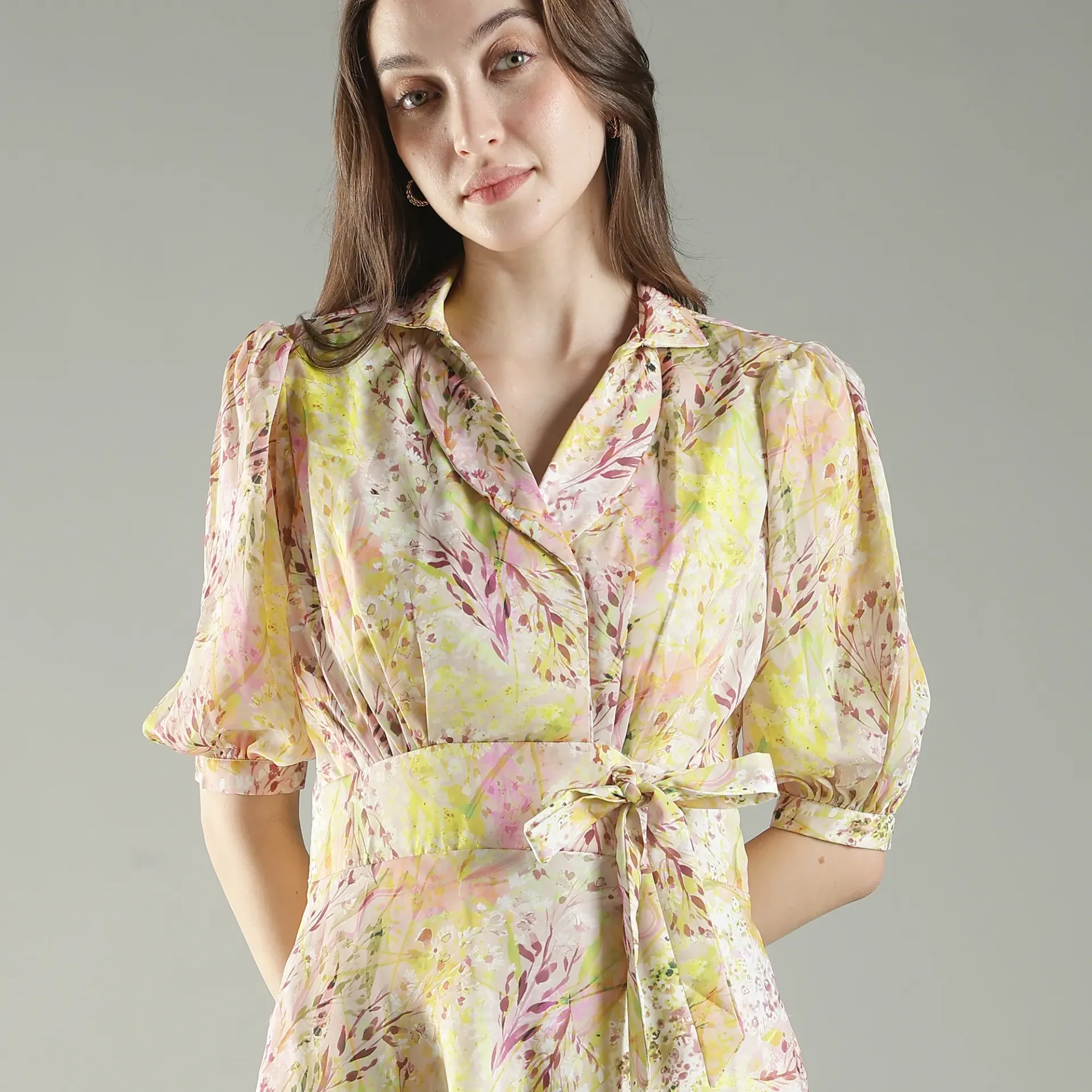 Pastel Floral Midi Dress with Contrast Waist Tie