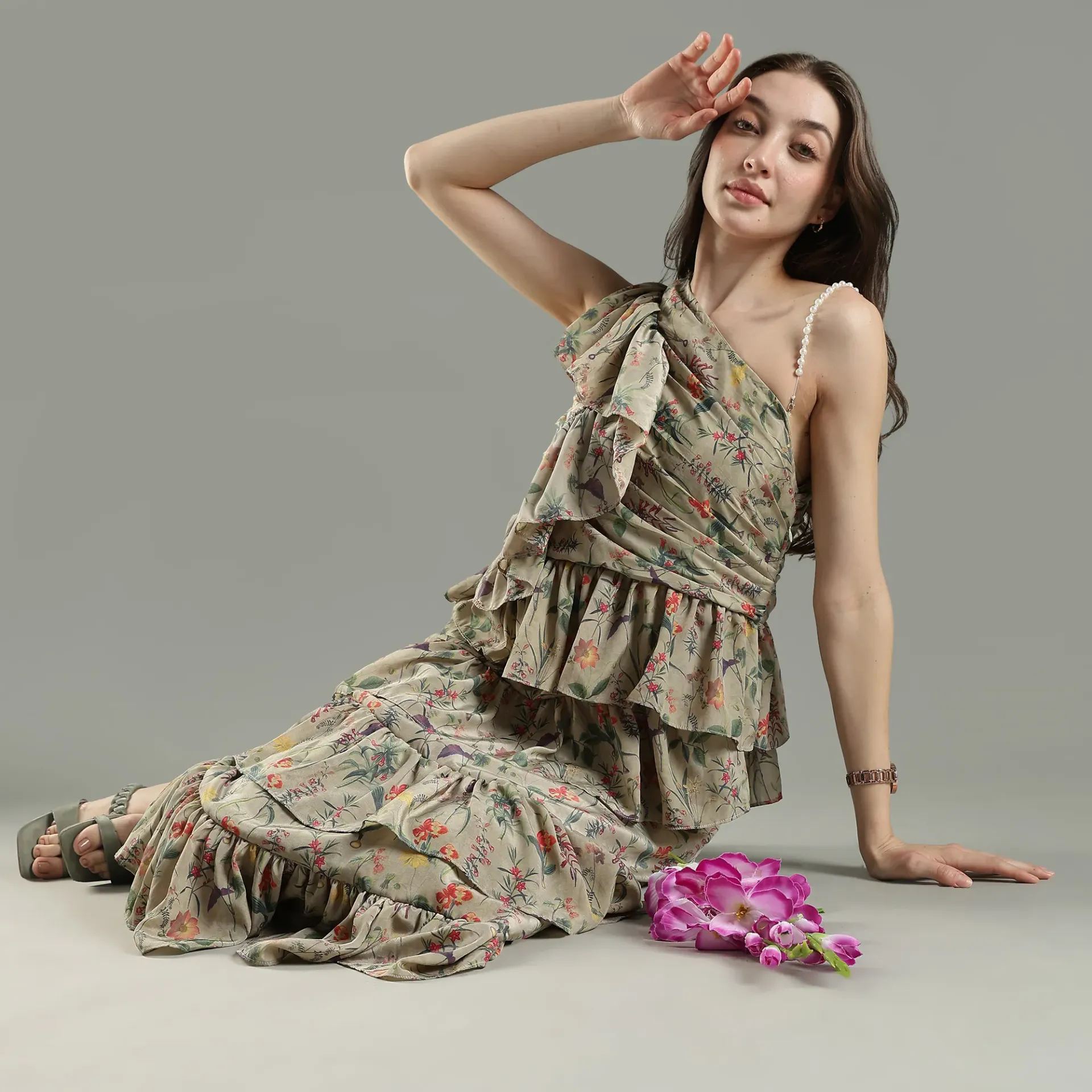 Serena Floral One-Shoulder Tiered Ruffle Midi Dress