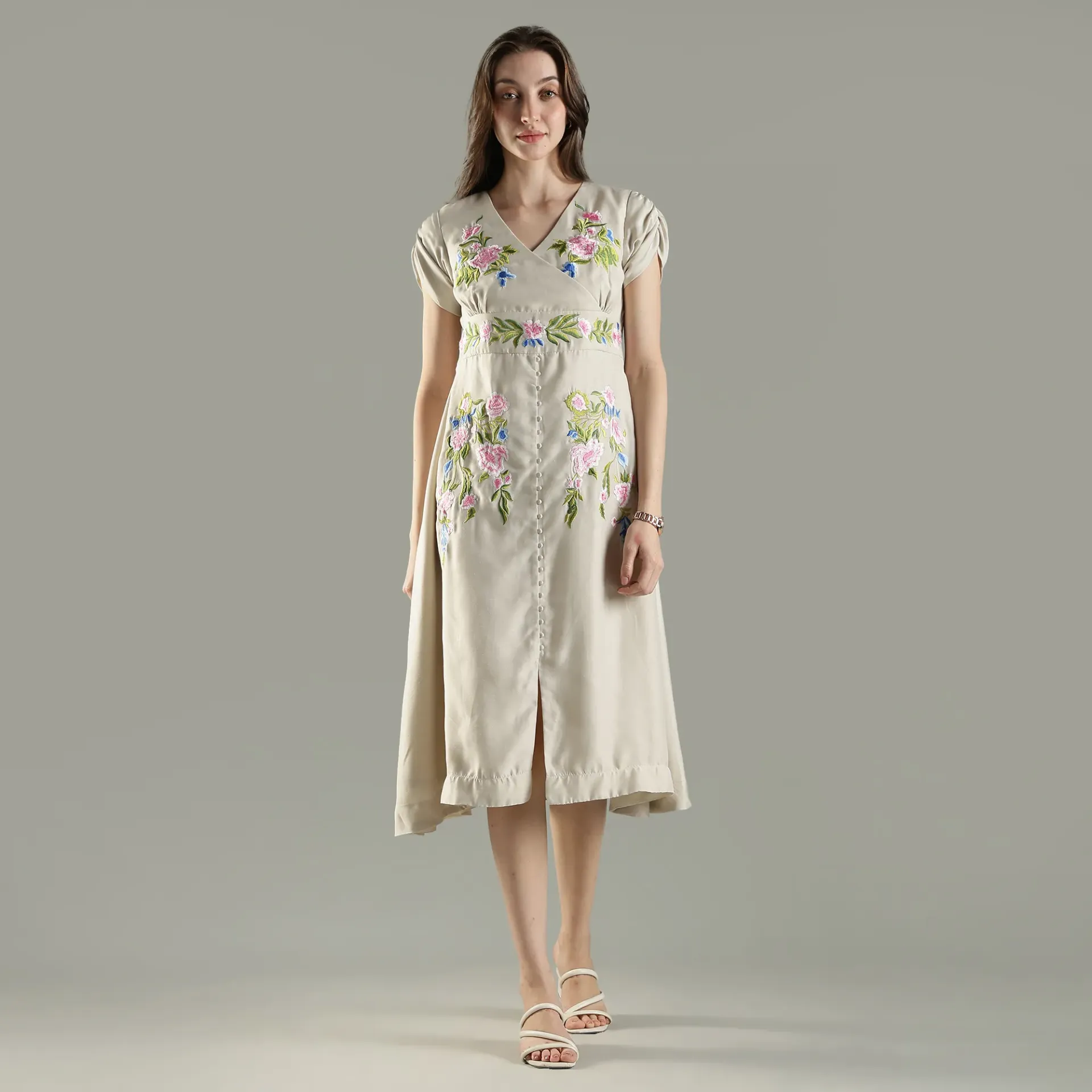 Floral Embroidered V-Neck Midi Dress with Button-Down Detail