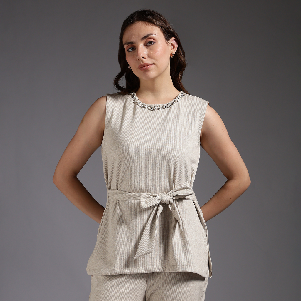 Beige Knitted Sleeveless Embellished Neck Belted Co-Ord Set 