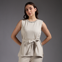 Beige Knitted Sleeveless Embellished Neck Belted Co-Ord Set 