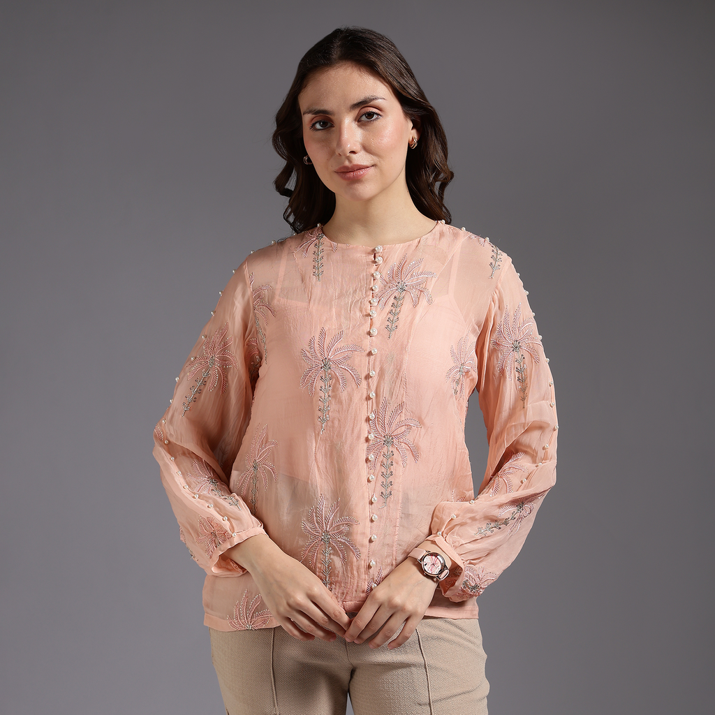 Peach Embroidered Pearl-Button Long Sleeve Top 