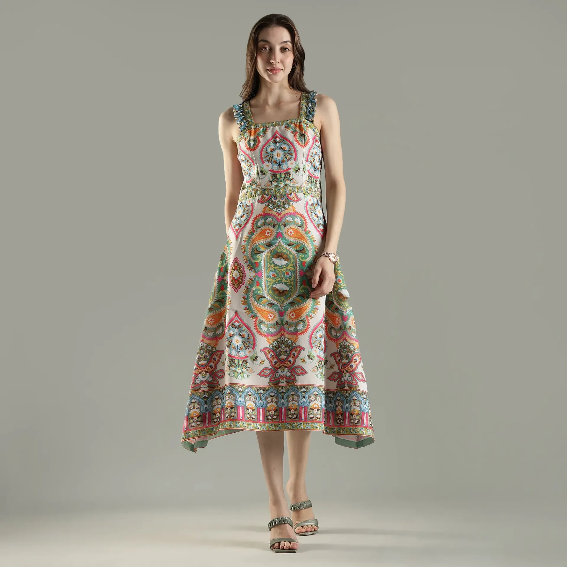 Paisley Poly-Viscose Blend Midi Dress with Ruffle Straps  (XS)