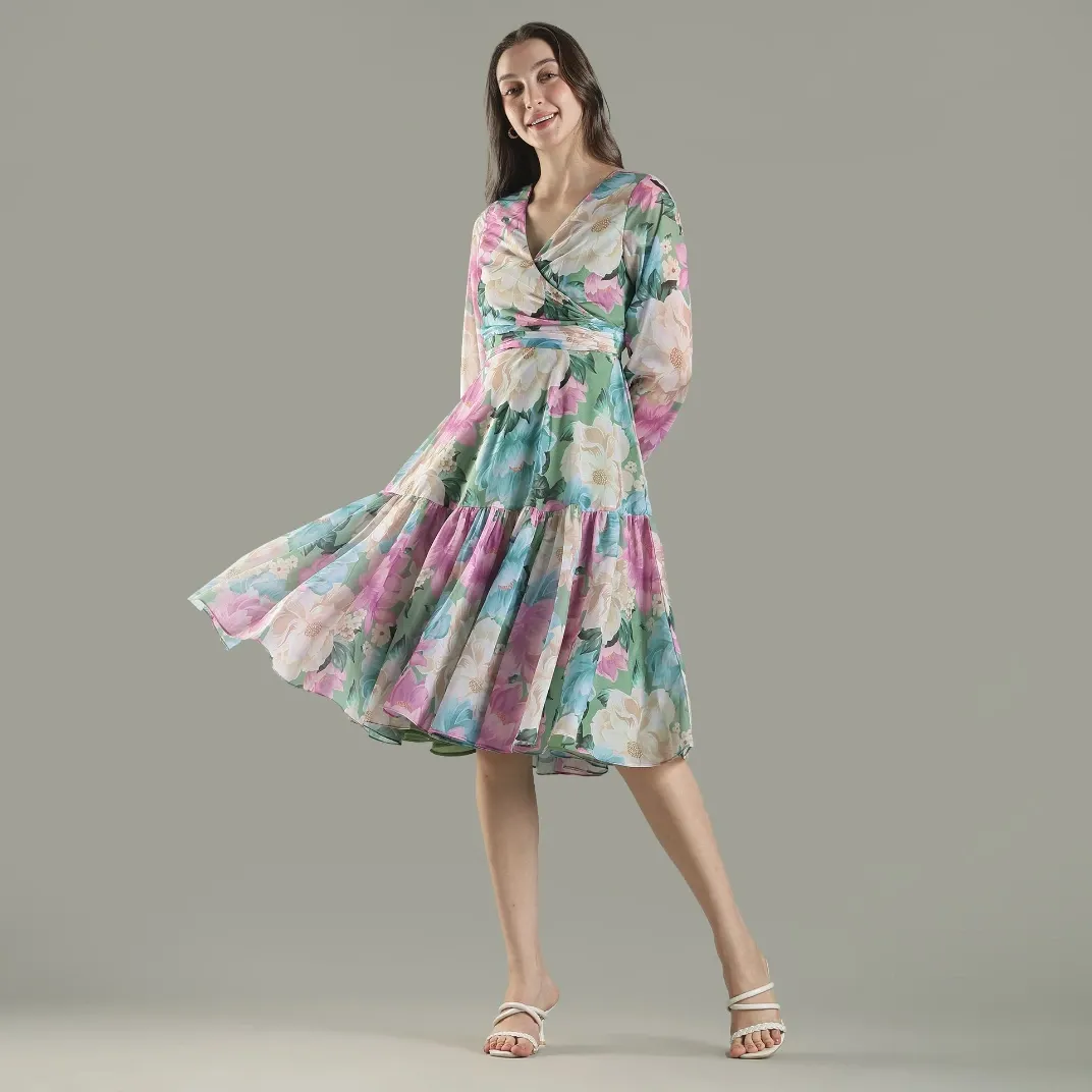 Celeste Garden Floral Wrap Waist Midi Dress