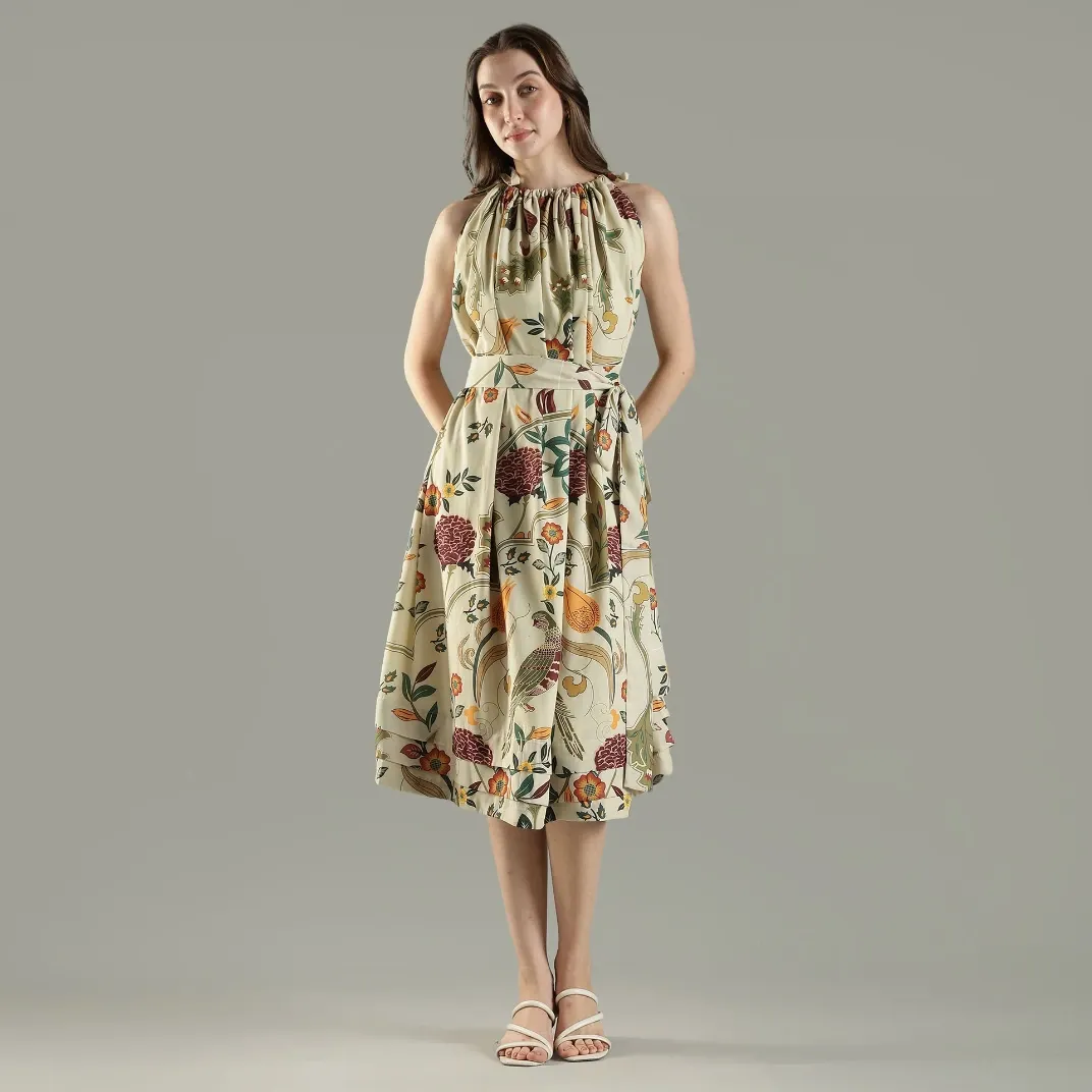 Heritage Garden Printed Halter-Neck Midi Dress with Tie Waist  (XS)