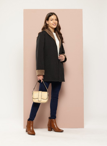 Front-Open Pea Coat With Faux Fur Detail