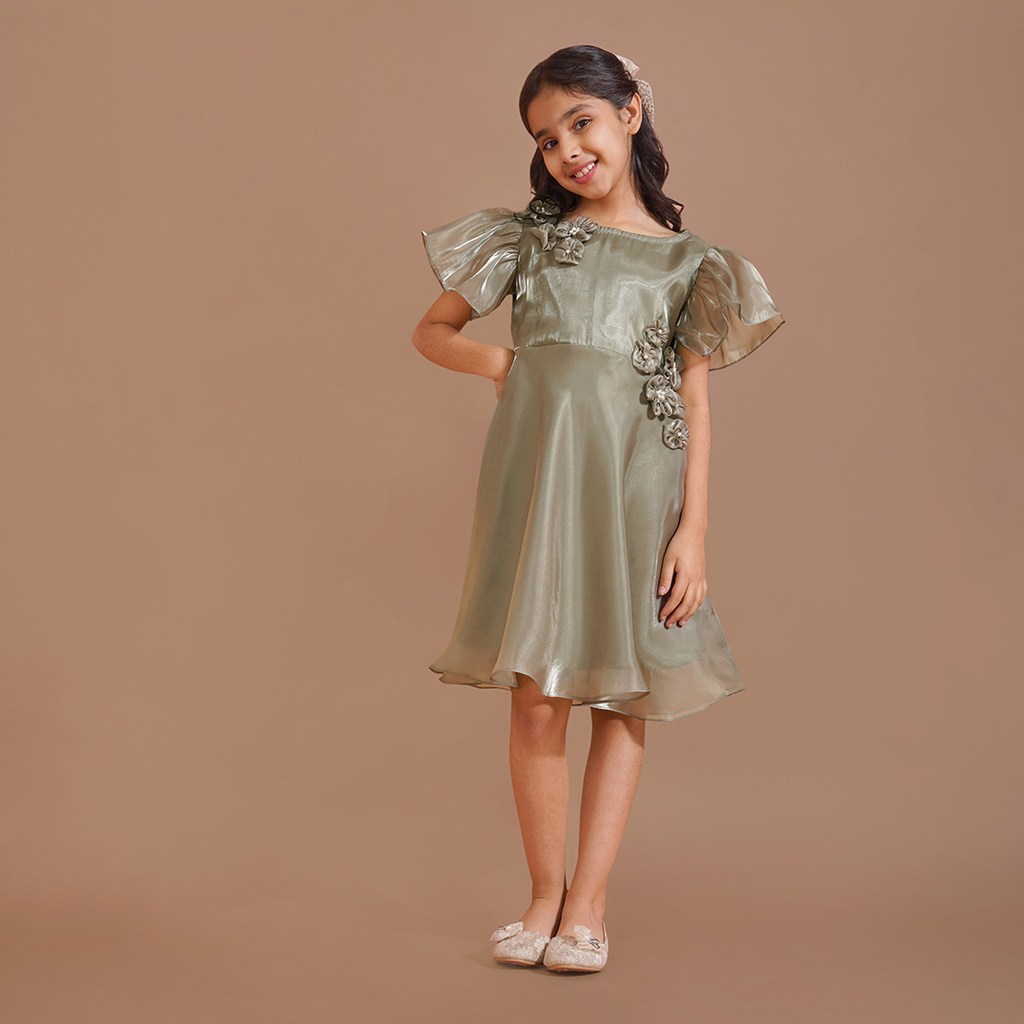 Girls Green Jimmy Choo Party Dress with Floral 3D Appliqué 