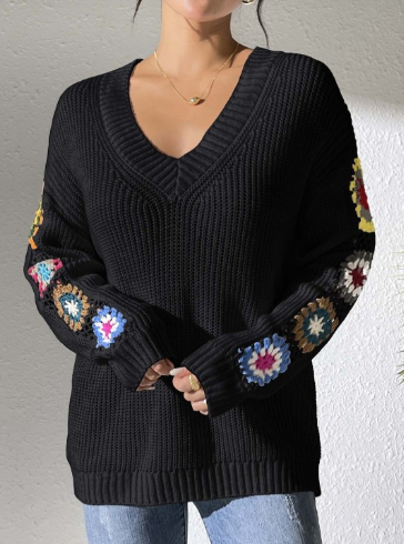 Women Floral Longline Pullover Sweater