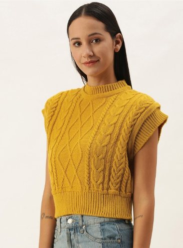 Women Mustard Yellow Cable Knit Crop Pullover