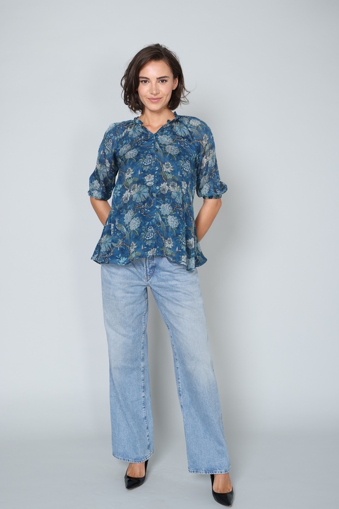 Blue Printed Top with Frill Collar