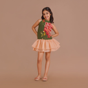 Girls Olive Green & Peach Halter Neck Party Dress  