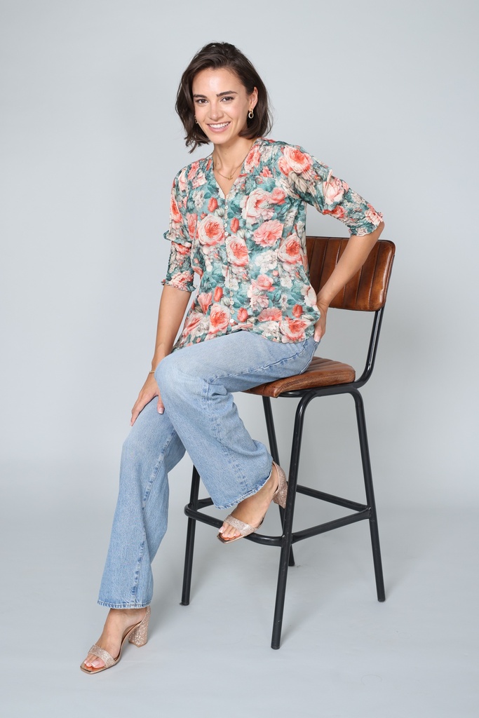 Floral Buttoned Top with Smocked Hand Detail Top