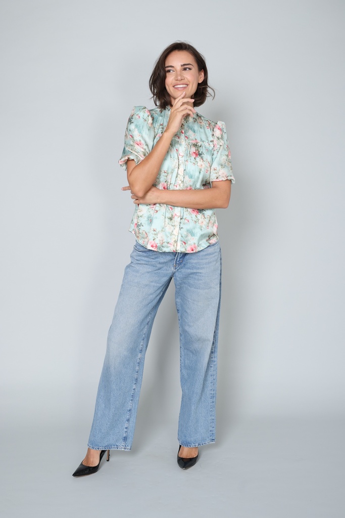 Floral Printed Gathered Puff Sleeves Shirt Top