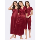 Clovia 4-Piece Satin Nightwear In Maroon